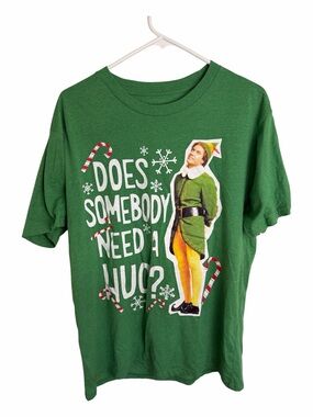 (2371) ELF Green Graphic Holiday Tee - "Does Somebody Need a Hug?", Size: Large